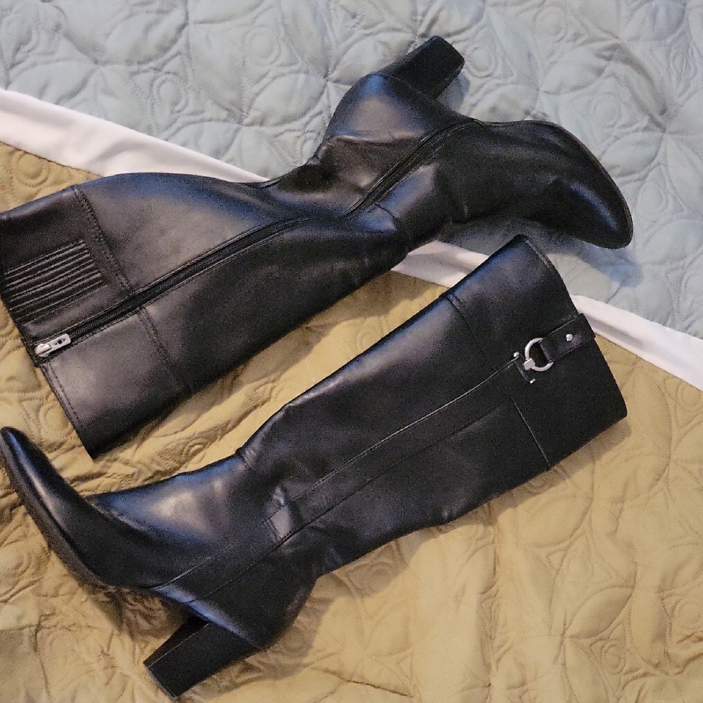 Alfani Black Leather Knee High Boots 3" Heel